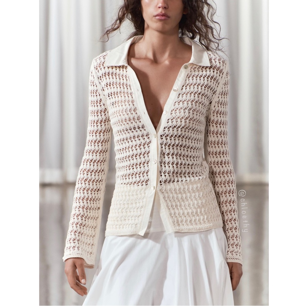 Zara POINTELLE KNIT POLO CARDIGAN - Picture 7 of 9
